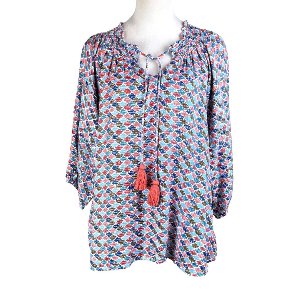 Ivy Jane NWT M/L Orange Blue Mermaid Fish Scale Tassel Neck Relaxed Boho Top